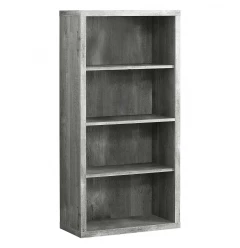 gray wood bookcase with shelves and drawers for home or office furniture