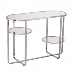 42" Silver Mirrored Glass Oval Cross Leg Console Table With Shelves