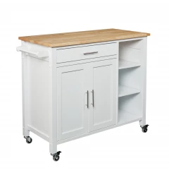 White and Natural 42" Rolling Kitchen Cart With Storage
