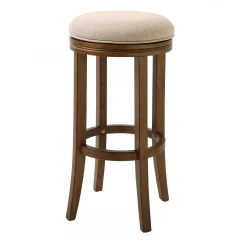 30" Cream And Brown Solid Wood Swivel Backless Bar Height Bar Chair