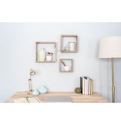 Set Of 3 Square Rustic White Wash Wood Open Box Shelve