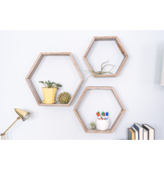 Set Of 3 Hexagon Rustic Natural Weathered Grey Wood Open Box Shelve