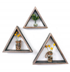 Set Of 3 Triangle Rustic Natural Weathered Grey Wood Open Box Shelve
