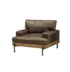 Chocolate gray faux leather chair with armrests for comfortable seating and hardwood accents