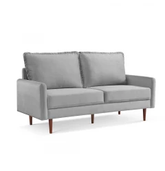 Gray velvet dark brown sofa with comfortable rectangle studio couch design and wooden elements