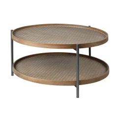 33" Brown and Black Wood And Metal Two Tier Coffee Table
