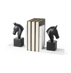 Black Stallion On White Marble Bookends