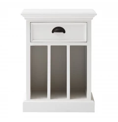 classic white nightstand with dividers and natural wood shelving