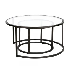 Set of Two 35" Black Glass And Steel Round Nested Coffee Tables