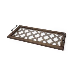 metal quatrefoil pattern glass bottom tray on wooden table