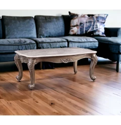 52" Beige And Champagne Faux Marble And Solid And Manufactured Wood Coffee Table