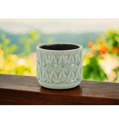 7" Green Geometric Imprint Ceramic Indoor Outdoor Round Pot Planter