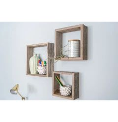 Set Of 3 Square Smoky Black Reclaimed Wood Open Box Shelve