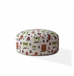24" Green and White Cotton Round Owls Pouf Ottoman
