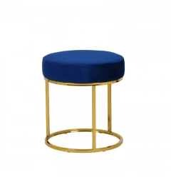 16" Blue Velvet And Gold Round Footstool Ottoman