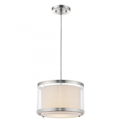 Lux 1-Light Brushed Nickel Pendant With Metal Trimmed Sheer Snow Shantung Two Tier Shade