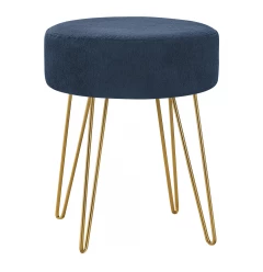 14" Blue Velvet And Gold Round Ottoman