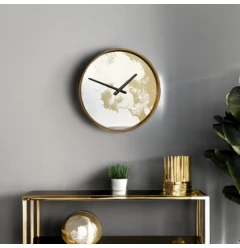 gold dust modern round wall clock with wooden frame and interior design elements