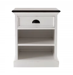 Distressed white and deep brown nightstand with shelves and hardwood drawers