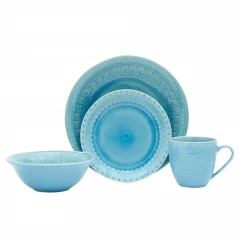 Floral medallion ceramic service for four dinnerware set including plates cups and serveware in aqua porcelain