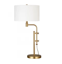 32" Brass Metal Adjustable Table Lamp With White Drum Shade