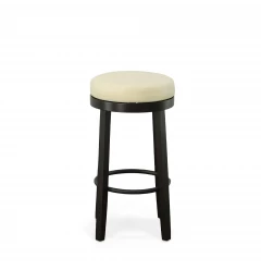 Set of Two 30" Cream And Espresso Faux Leather And Solid Wood Swivel Backless Bar Height Bar Chairs