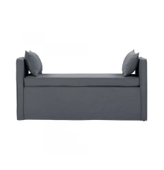 Gray black upholstered linen bench with armrests and comfortable seating