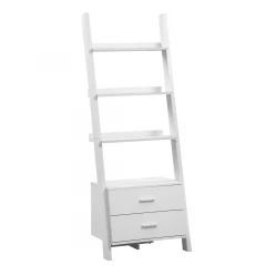 69" White Wood Ladder Bookcase With Two drawers