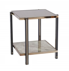 24" Champagne Glass And Iron Square Mirrored End Table With Shelf