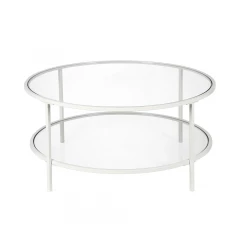36" White Glass And Steel Round Coffee Table With Shelf