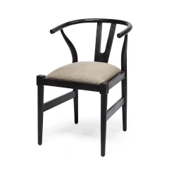 Beige And Black Upholstered Linen Wishbone Back Dining Side Chair