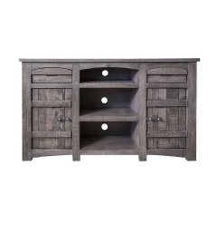 60" Gray Solid Wood Cabinet Enclosed Storage Distressed TV Stand