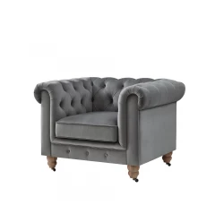 34" Dark Gray And Brown Velvet Tufted Chesterfield Chair