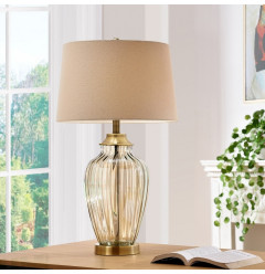 29" Bronze Metal Bedside Table Lamp With Tan Shade