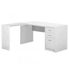 55" White Glass L Shape Computer Desk With Three Drawers
