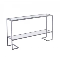 52" Clear and Silver Glass Sled Console Table With Shelves
