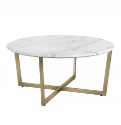 36" White And Gold Faux Marble Round Coffee Table
