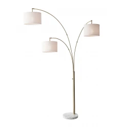 74" Brass Three Light Arc Floor Lamp With Off White Fabric Drum Shade
