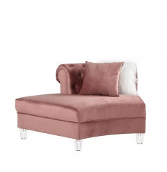 Pink velvet curved four corner sectional sofa with hardwood flooring