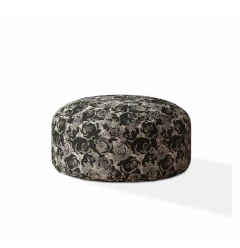 24" Beige Canvas Round Floral Pouf Ottoman