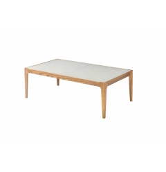 43" Off White And Natural Frosted Glass And Solid Wood Coffee Table