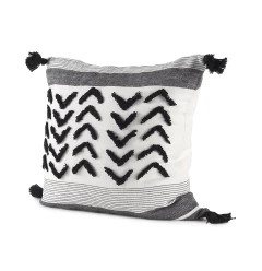 White and gray fringed throw pillow cover with geometric pattern