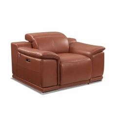 Camel brown Italian leather recliner chair with hardwood armrests and comfortable rectangular design