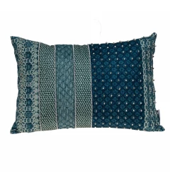 aqua beaded embroidered decorative throw pillow with plant and pattern design