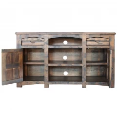 60" Brown Solid Wood Cabinet Enclosed Storage Distressed TV Stand