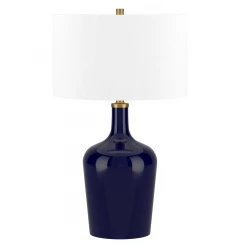 25" Blue Glass Urn Table Lamp With White Drum Shade