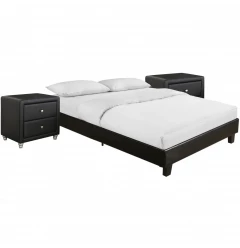 Black Platform Queen Bed with Two Nightstands