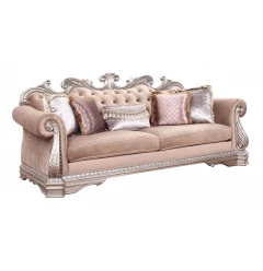 Antique champagne upholstery polyresin sofa with pillows and comfortable brown rectangle design