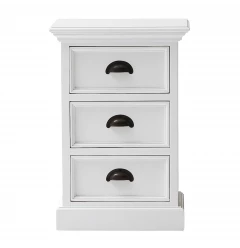 classic white drawer nightstand with metal handles and natural material finish