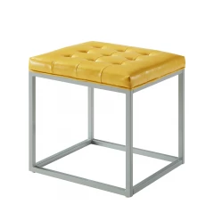 18" Yellow Faux Leather And Gray Cube Ottoman